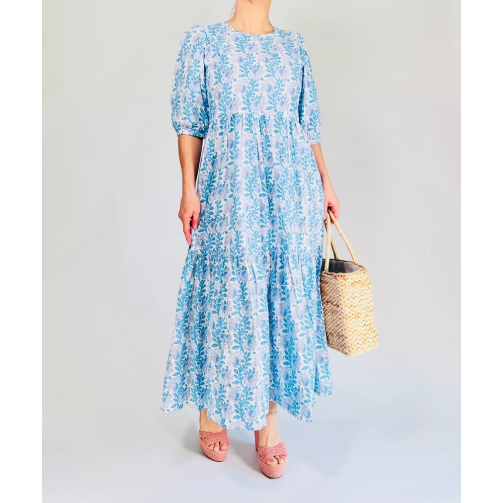 ZS BLOCKPRINTS Women's Floral Print Maxi Dress Size S Blue White - Picture 13 of 17